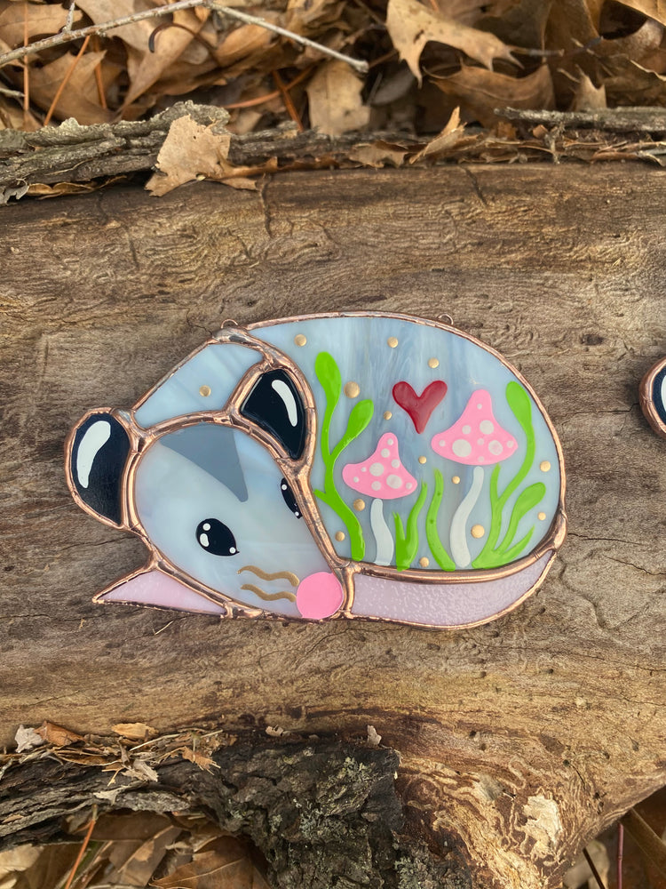 Mini Pink (ver 2) Valentine Sleepy Opossum Stained Glass Suncatcher