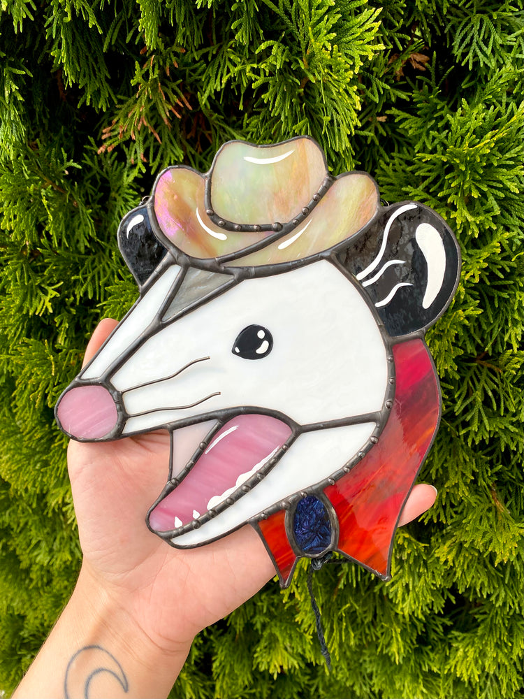 Made to Order: Screaming Cowboy Opossum Stained Glass Suncatcher