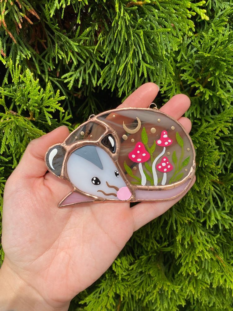 Mini Pink Mushroom Opossum Stained Glass Suncatcher