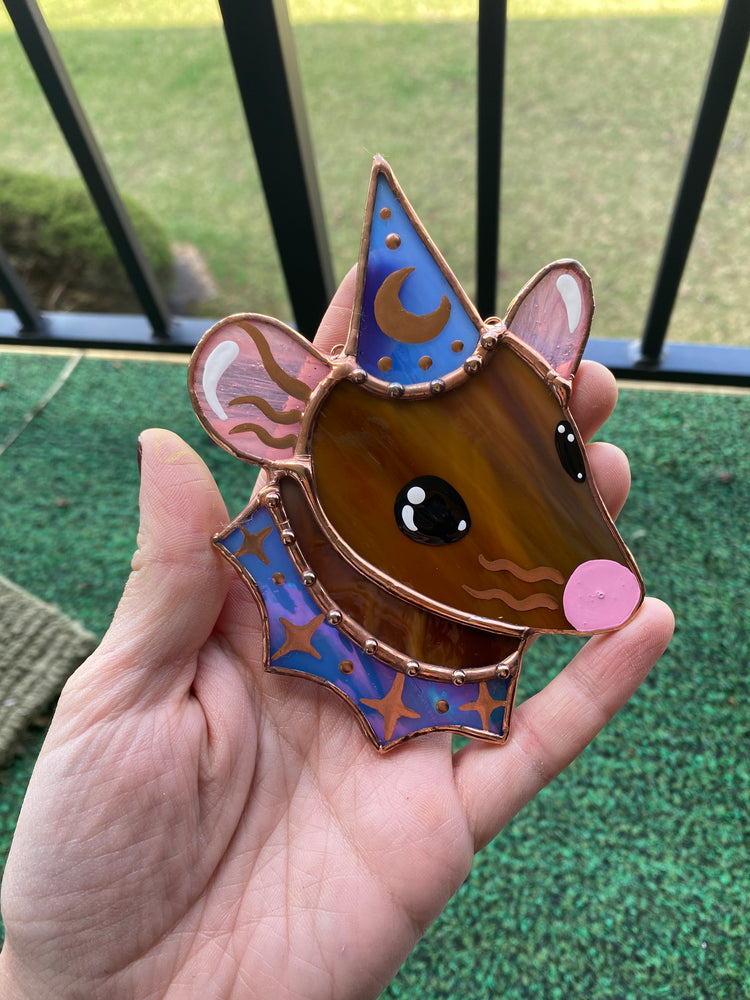 Mini Brown and Blue Wizard Rat Stained Glass Ornament