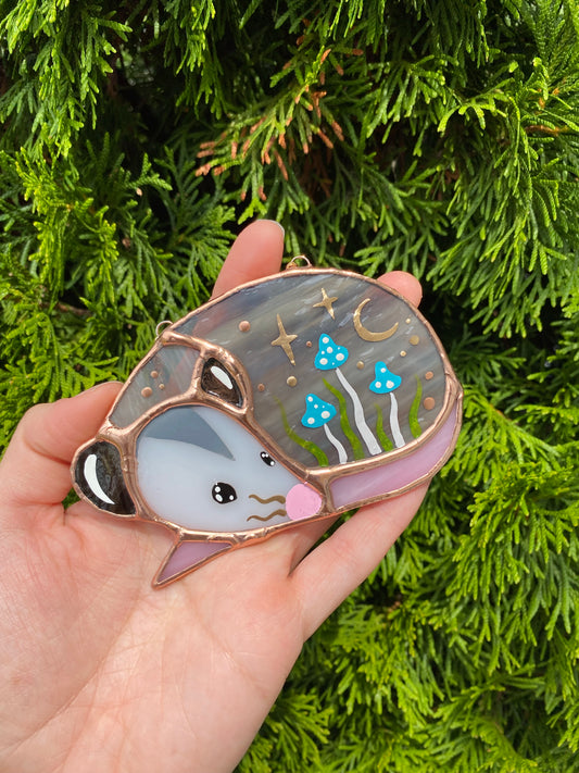 Mini Blue Mushroom Opossum Stained Glass Suncatcher