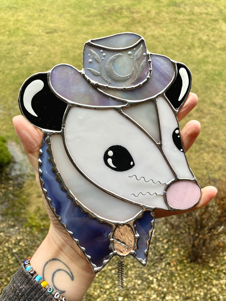 Purple Cowboy Opossum Stained Glass Suncatcher