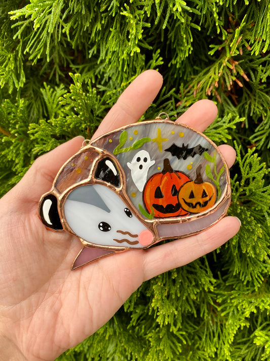 (Version 2) Pumpkins, Ghost and Bat Sleepy Opossum Mini Stained Glass Suncatcher