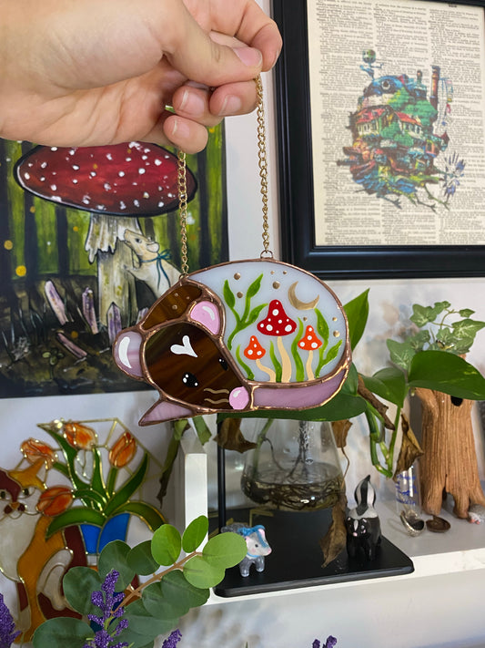 (Moon) Mini Brown Rat and Red Mushroom Stained Glass Suncatcher