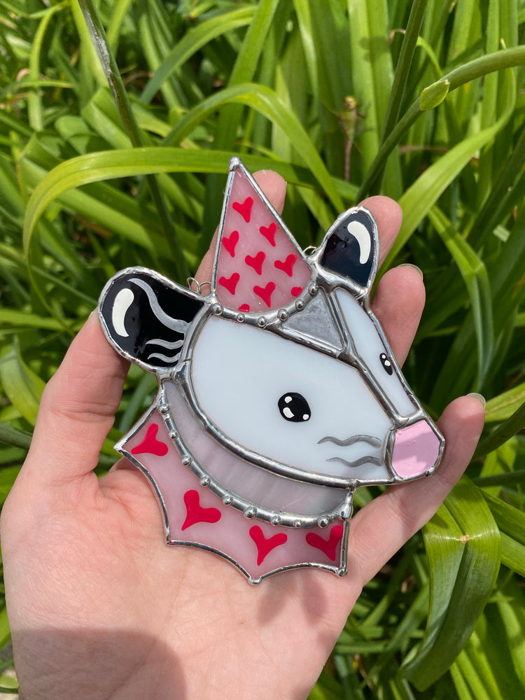 Mini Pink Valentine Opossum Stained Glass Suncatcher