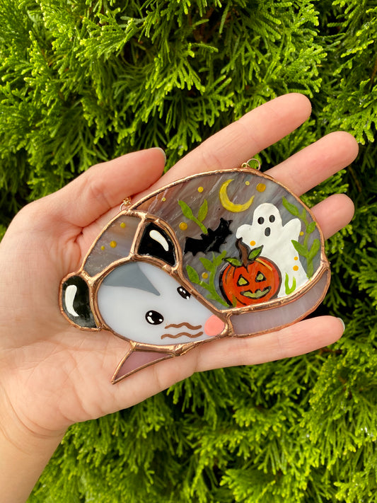 Pumpkin, Ghost, and Bat Sleepy Opossum Mini Stained Glass Suncatcher