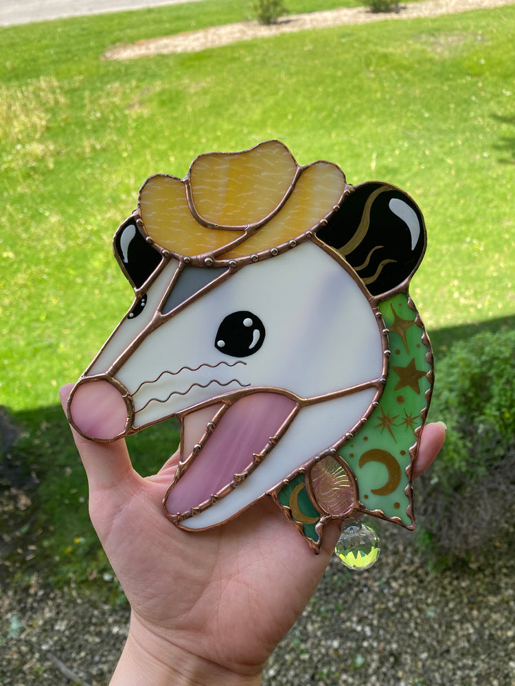 Green Celestial Screamy Cowboy Opossum Stained Glass Suncatcher