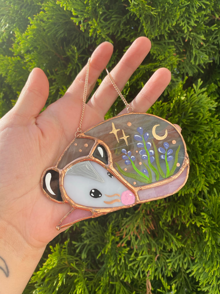 Lavender Sleepy Opossum Mini Stained Glass Suncatcher