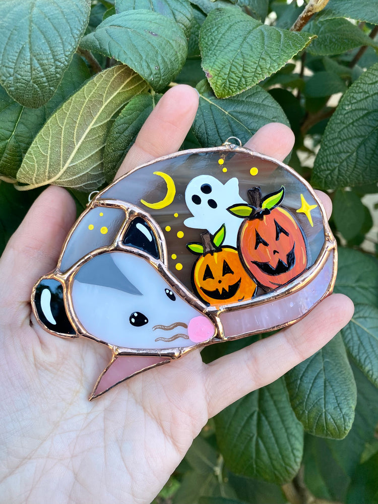 Pumpkins and Ghost Mini Halloween Opossum Stained Glass Suncatcher