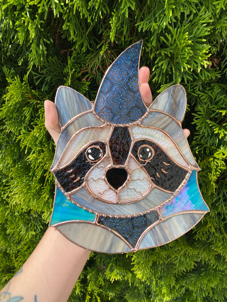 Large Blue Van Gogh Wizard Raccoon Stained Glass Suncatcher