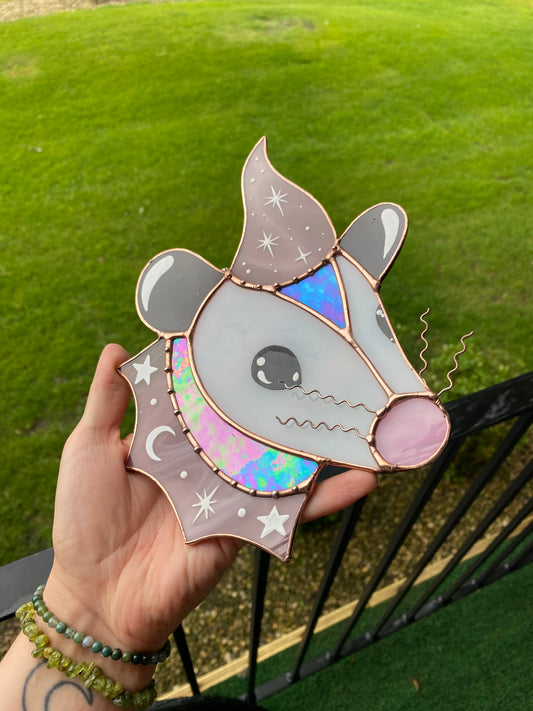 Warm Lavender SparkleWizard Opossum Stained Glass Suncatcher