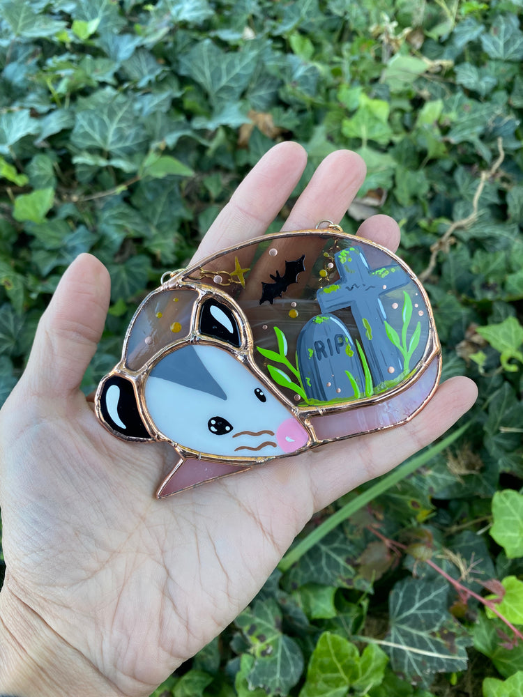 Cemetery Mini Halloween Opossum Stained Glass Suncatcher