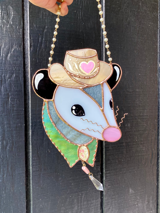 Love Cowboy Opossum Stained Glass Suncatcher