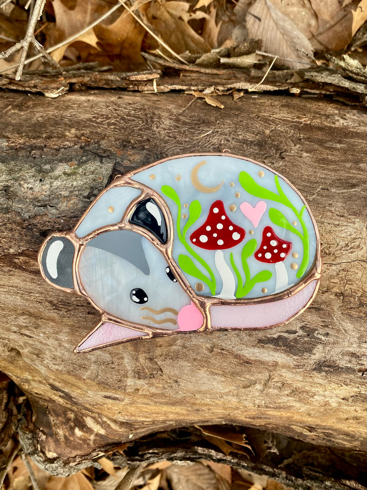 Mini Red (ver 1) Valentine Sleepy Opossum Stained Glass Suncatcher