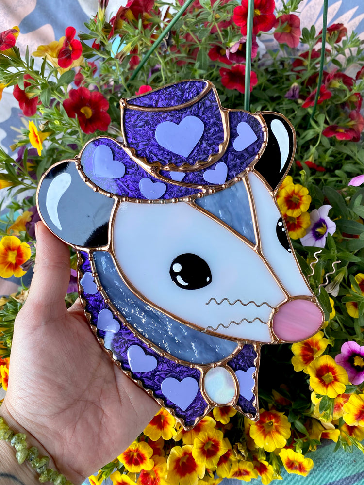 Purple Van Gogh Cowboy Opossum Stained Glass Suncatcher