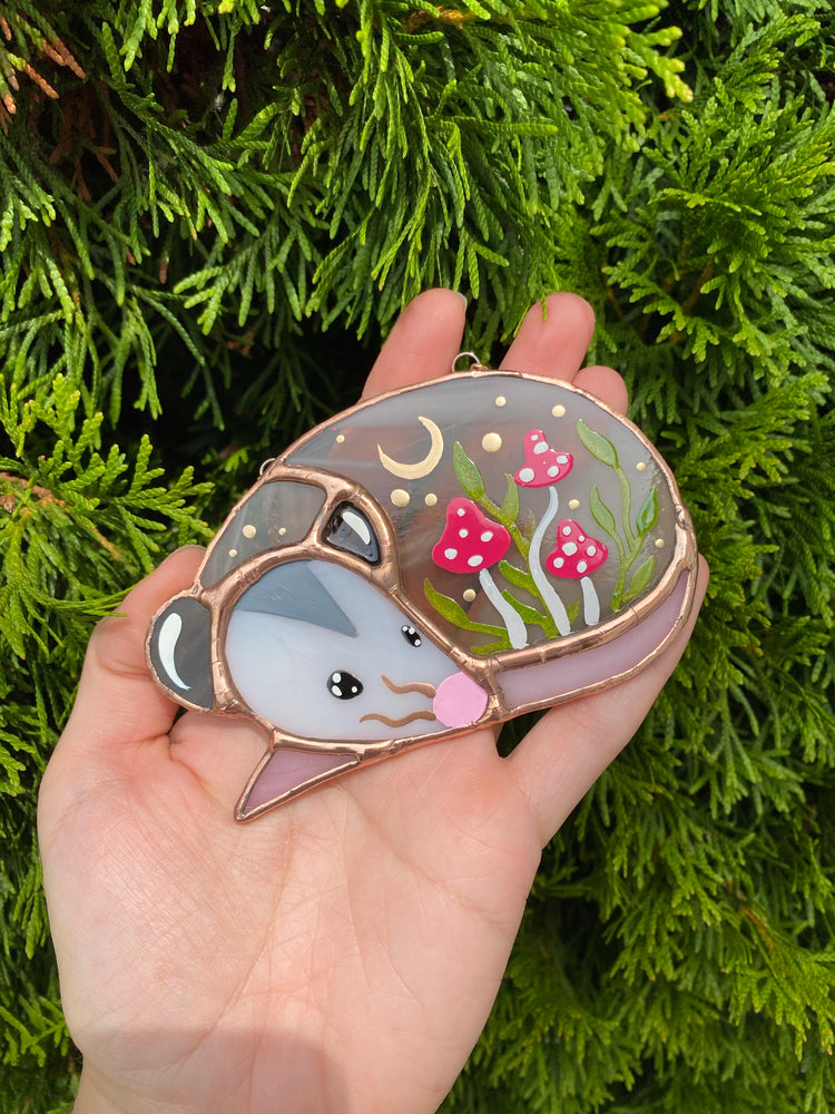 Mini Pink Mushroom Opossum Stained Glass Suncatcher