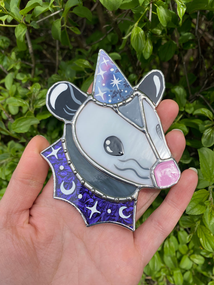 Purple Galaxy Opossum Mini Stained Glass Ornament