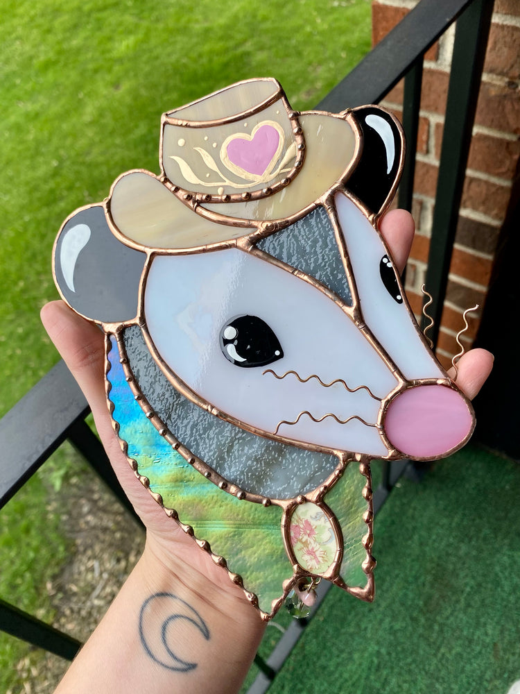 Love Cowboy Opossum Stained Glass Suncatcher