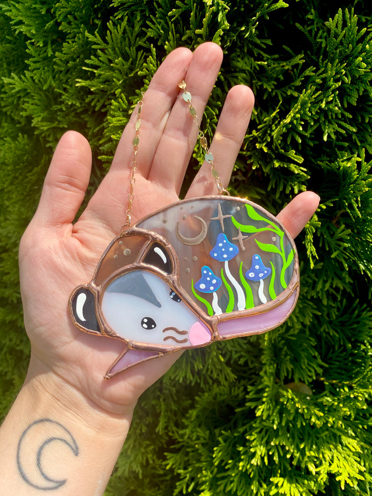 Purple Mushroom Moon Opossum Mini Stained Glass Suncatcher