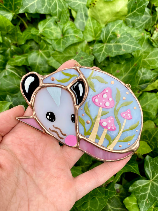 Sleepy Pink Mushroom Opossum Stained Glass Ornament