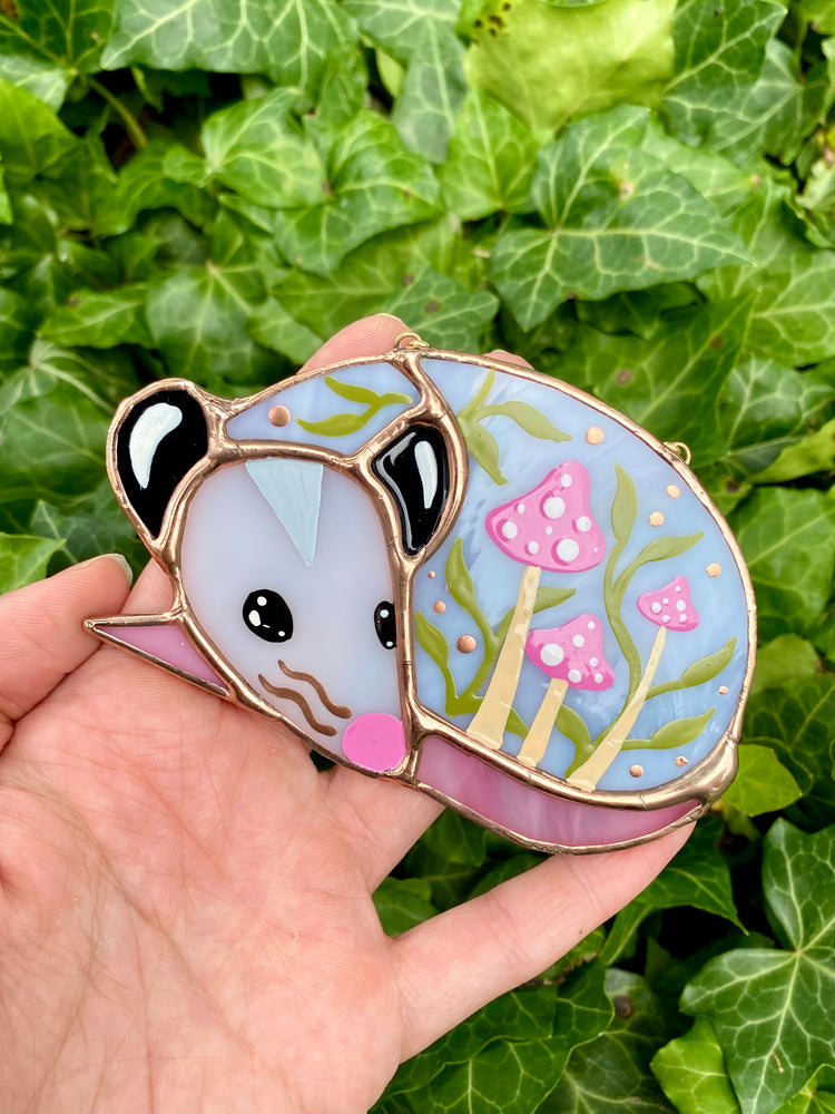 Sleepy Pink Mushroom Opossum Stained Glass Ornament