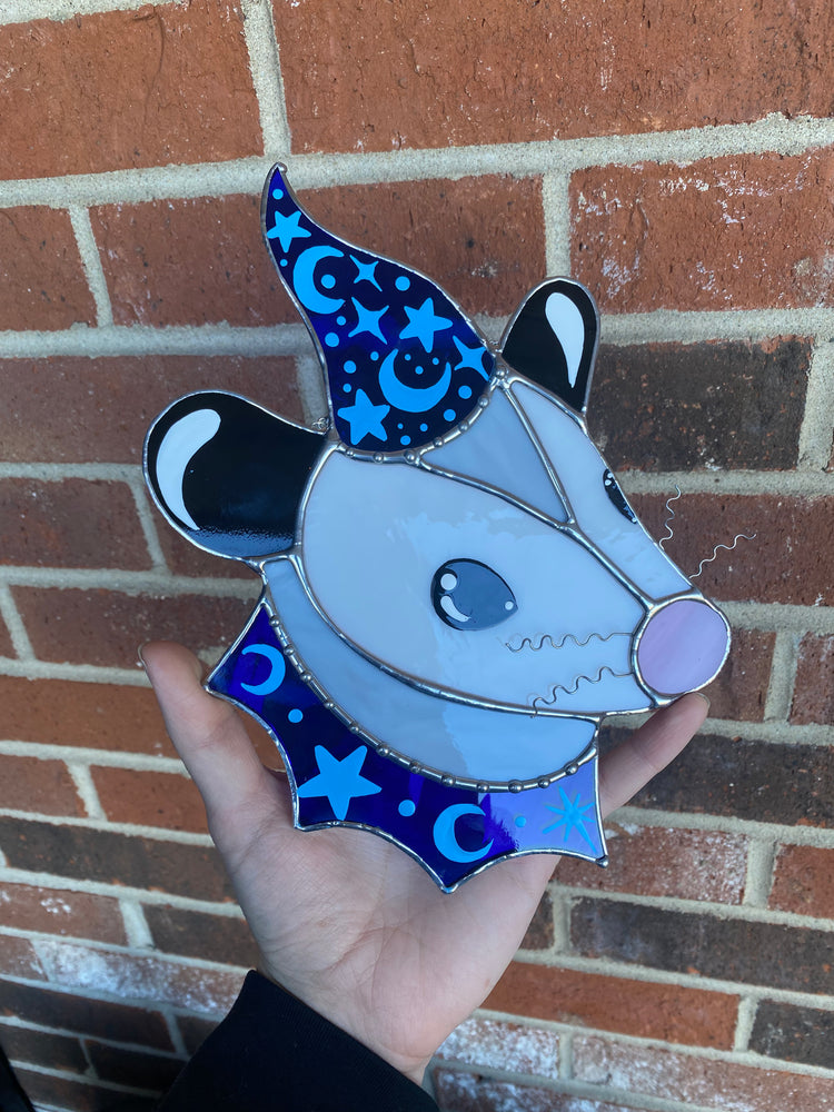 Blue Wizard Opossum Stained Glass Suncatcher