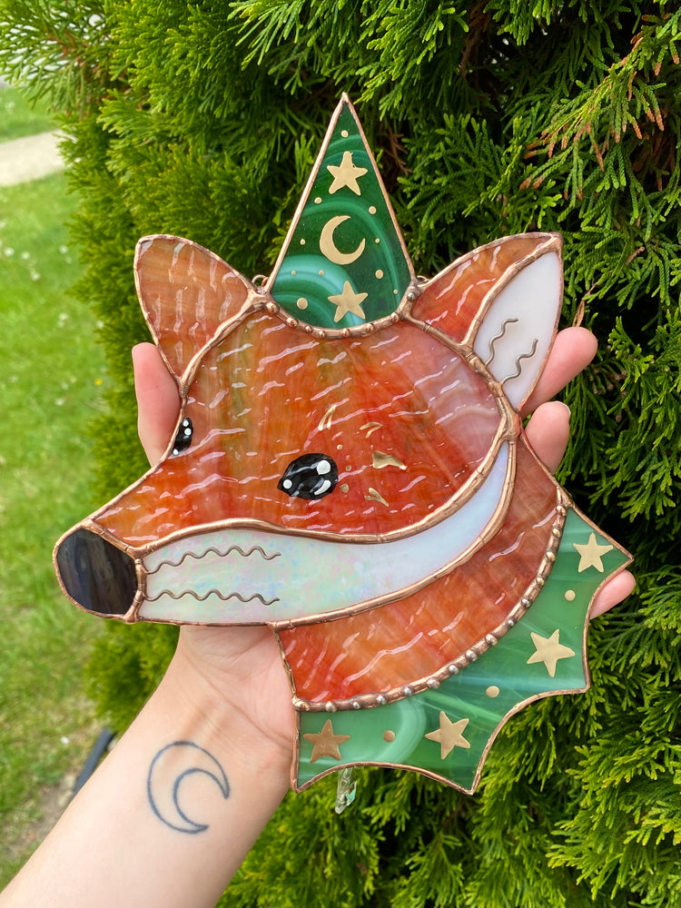 Swirly Green Aventurine Wizard Fox Stained Glass Suncatcher