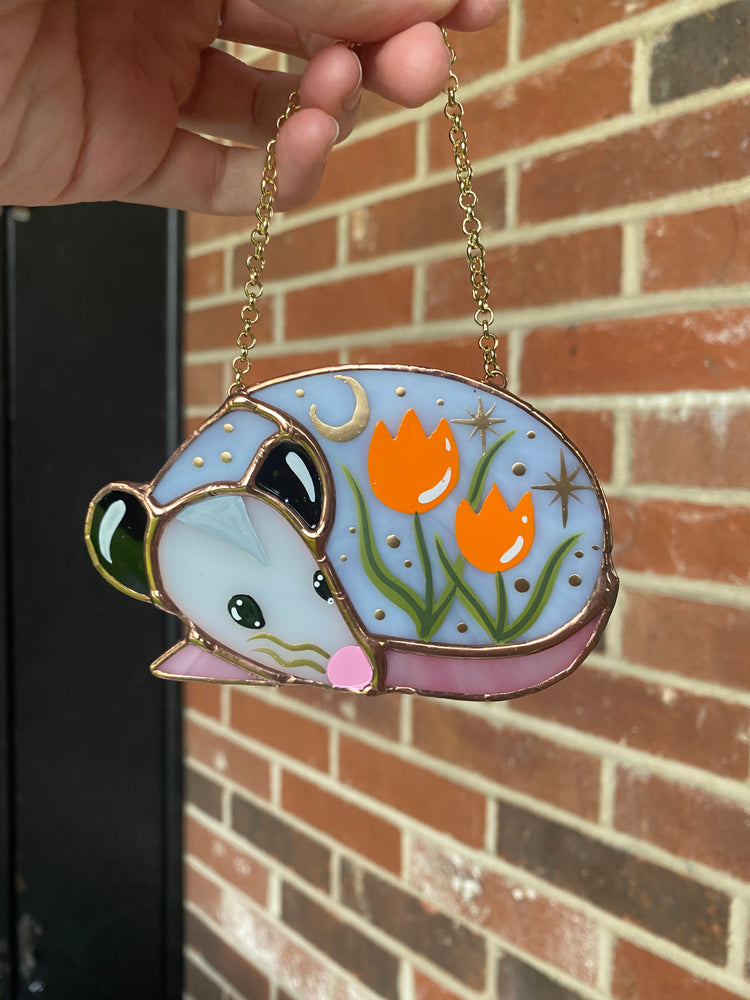 Mini Sleepy Orange Tulip Opossum Stained Glass Ornament