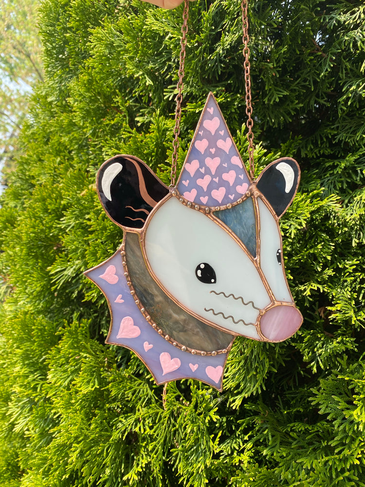 Purple and Pink Heart Opossum Stained Glass Suncatcher