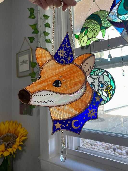 Royal Blue Wizard Fox Stained Glass Suncatcher