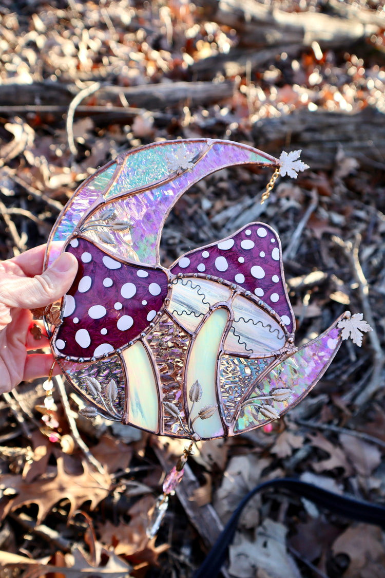 Magenta Mushroom Moon Stained Glass Suncatcher