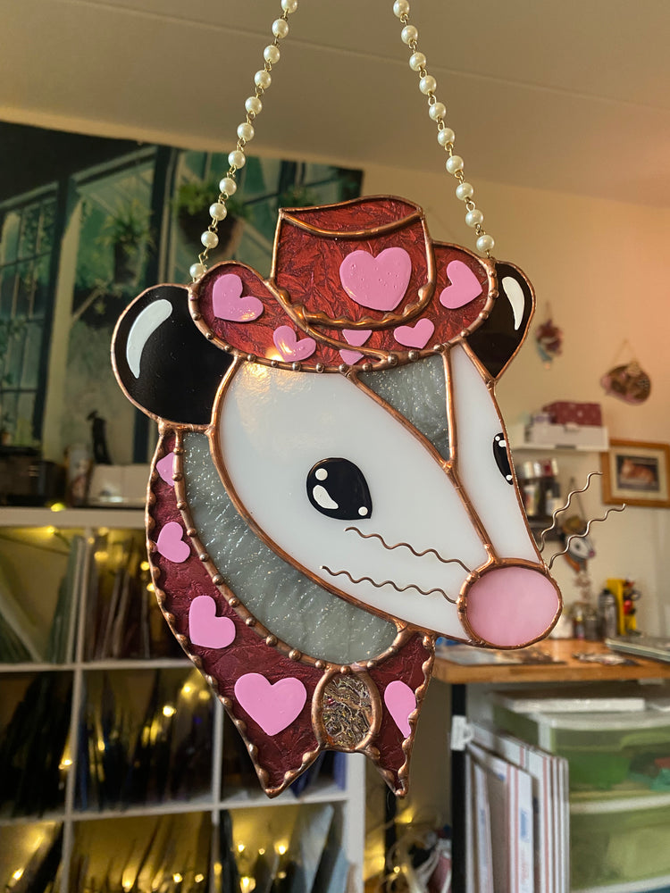 Lovely Cowboy Opossum Stained Glass Suncatcher