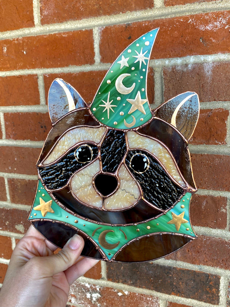 Swirly Green Wizard Raccoon Stained Glass Suncatcher