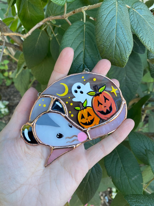 Pumpkins and Ghost Mini Halloween Opossum Stained Glass Suncatcher