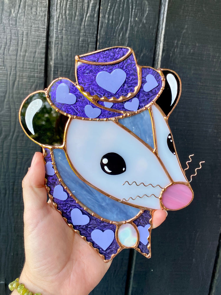 Purple Van Gogh Cowboy Opossum Stained Glass Suncatcher