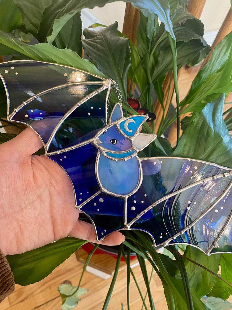 Blue Swirl Wizard Bat Stained Glass Suncatcher