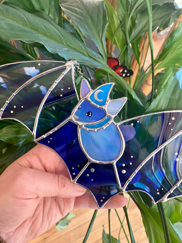 Blue Swirl Wizard Bat Stained Glass Suncatcher