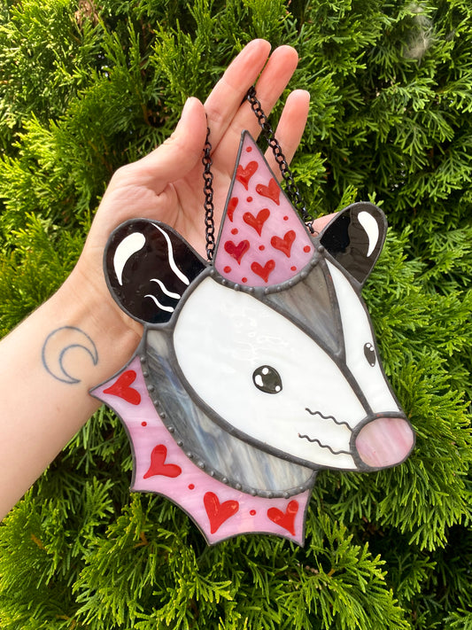 Valentine Opossum Stained Glass Suncatcher