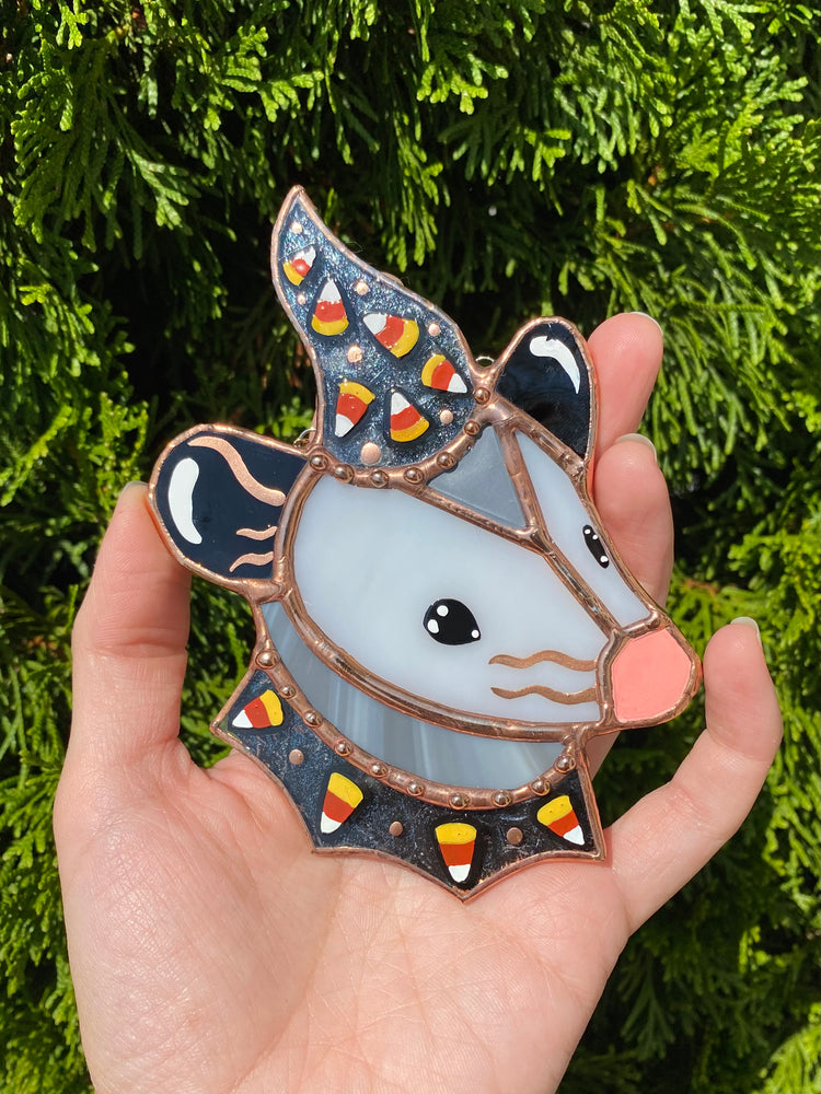 Mini Candycorn Wizard Opossum Stained Glass Suncatcher