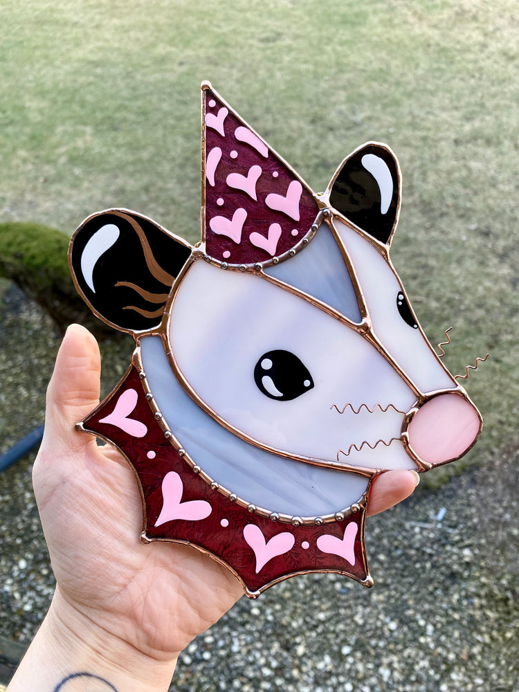 Sparkly Pink Lovely Opossum Stained Glass Suncatcher