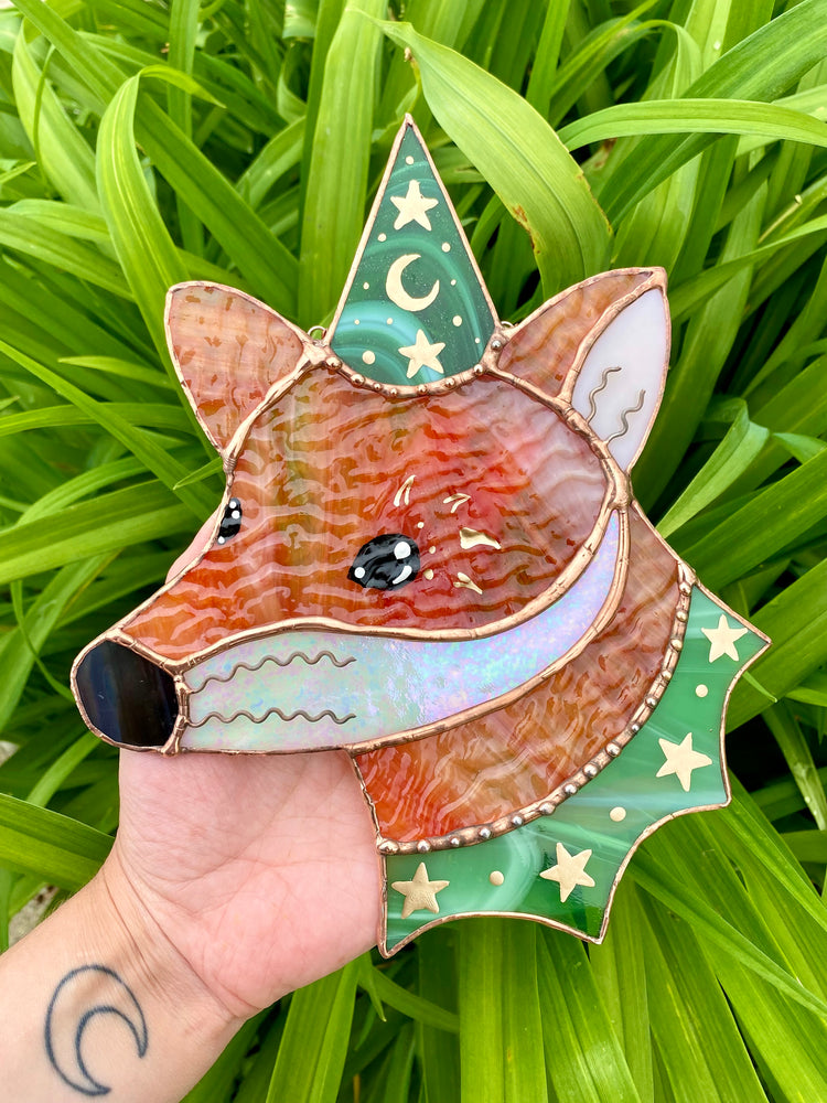 Swirly Green Aventurine Wizard Fox Stained Glass Suncatcher