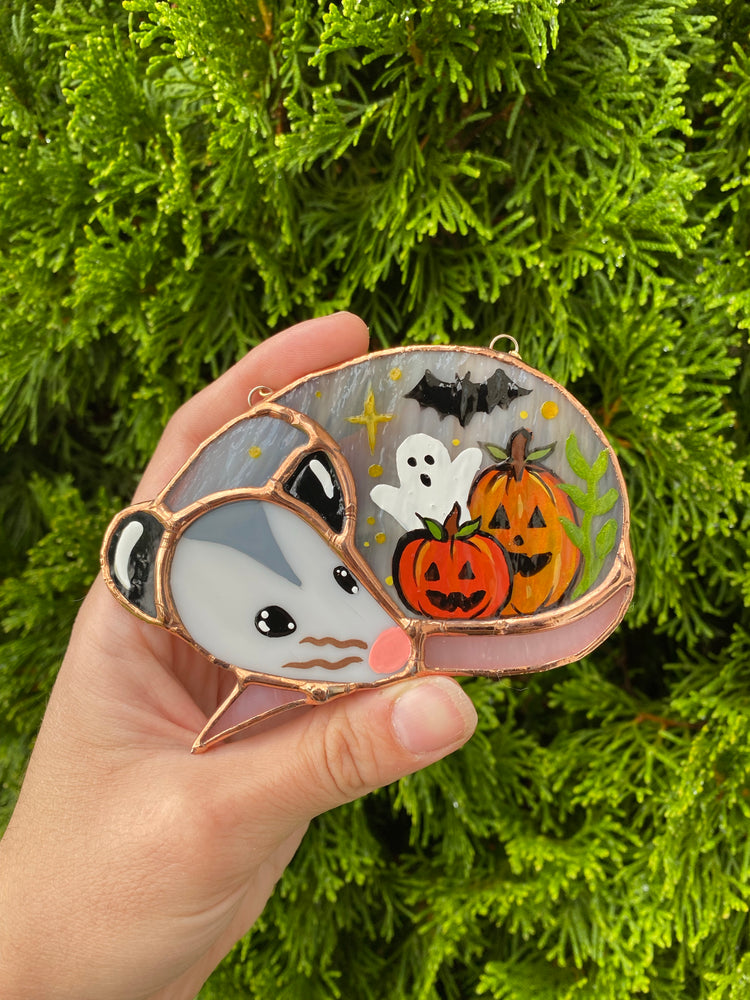 (Version 1) Pumpkins, Ghost and Bat Sleepy Opossum Mini Stained Glass Suncatcher