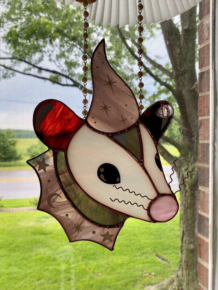 Warm Lavender SparkleWizard Opossum Stained Glass Suncatcher