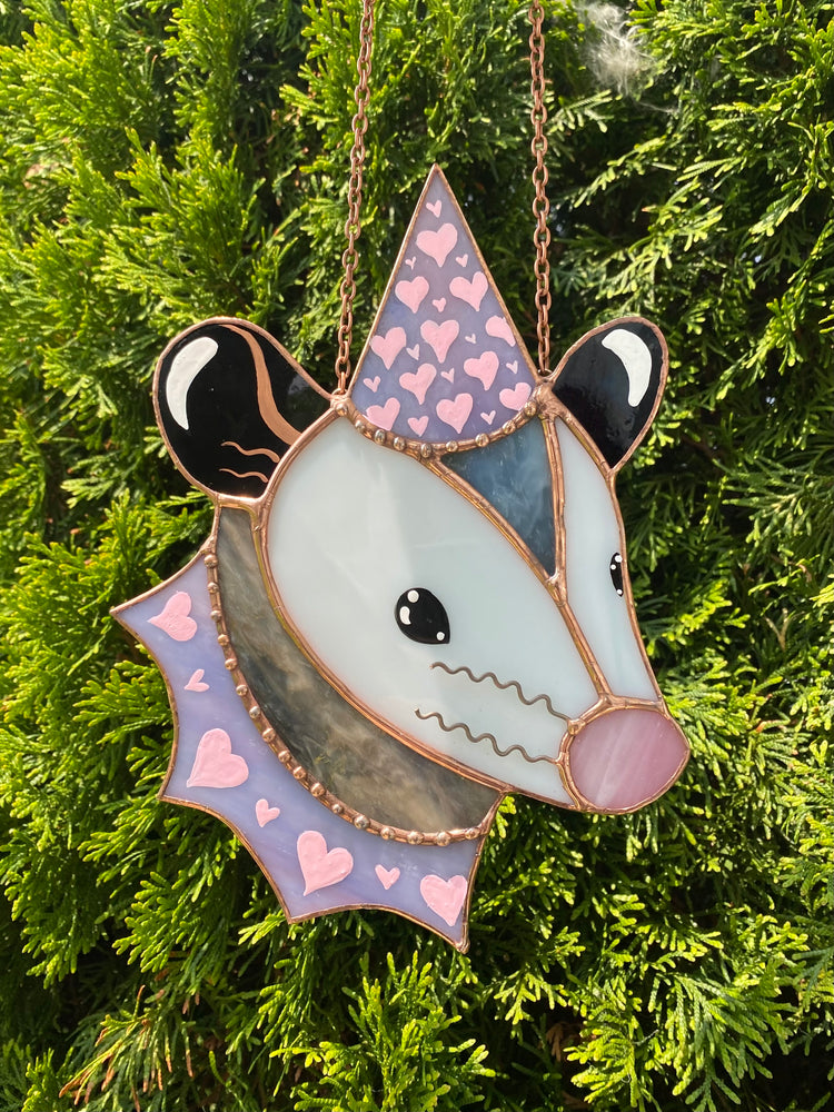 Purple and Pink Heart Opossum Stained Glass Suncatcher