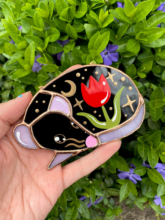 Sleepy Black Tulip Rat Mini Stained Glass Ornament