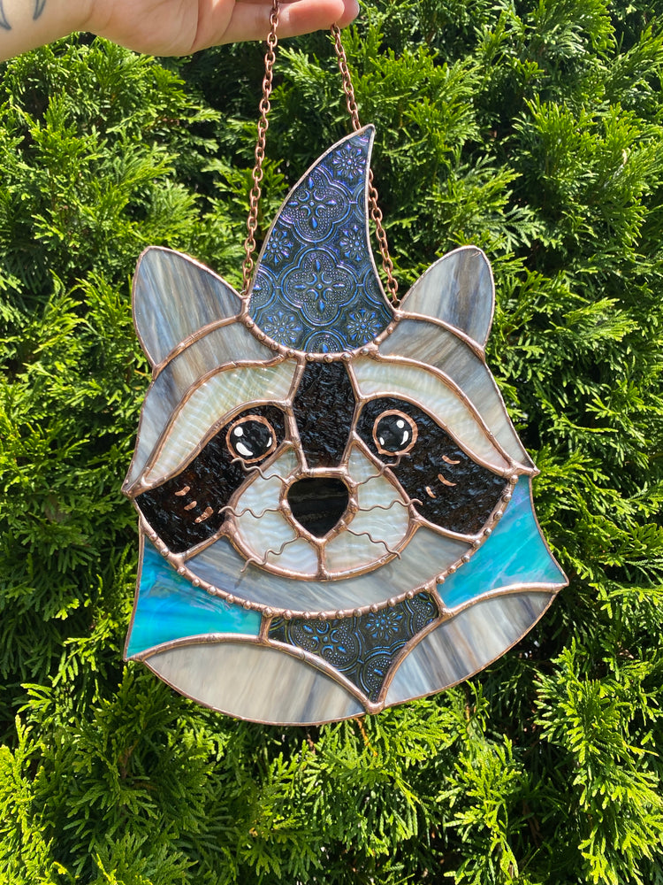 Large Blue Van Gogh Wizard Raccoon Stained Glass Suncatcher