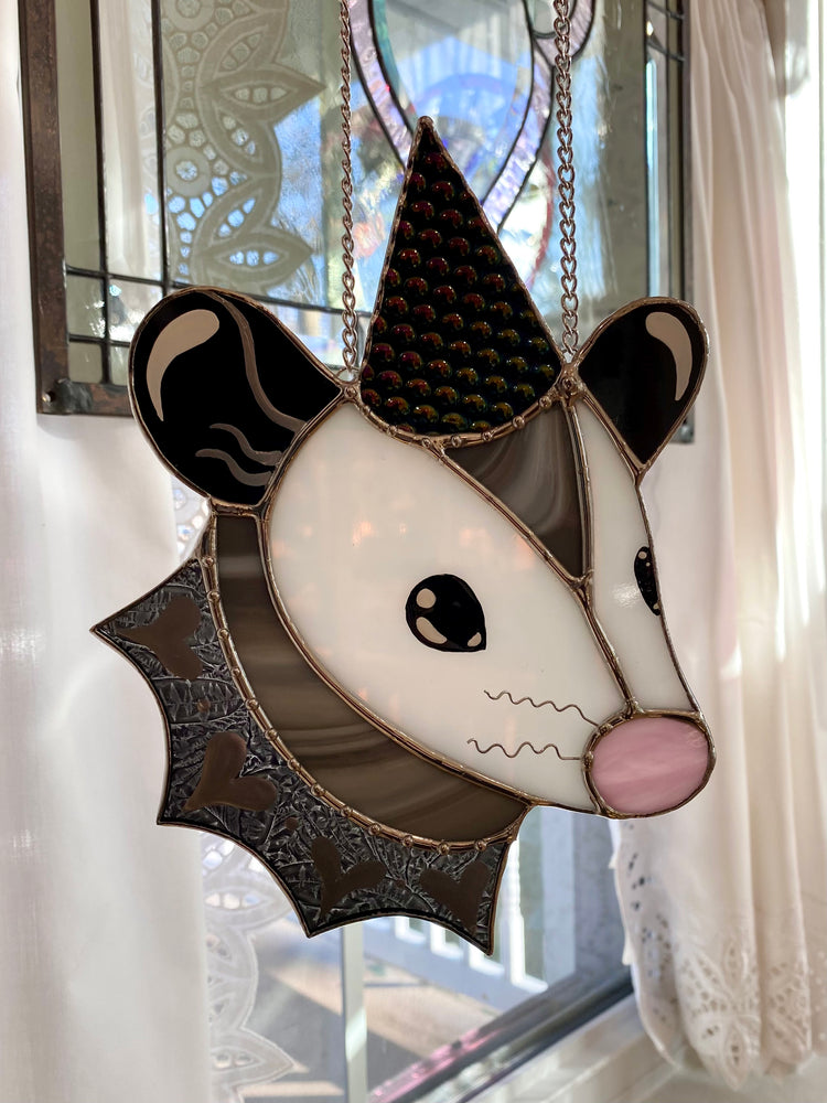 Cosmic Heart Wizard Opossum Stained Glass Suncatcher