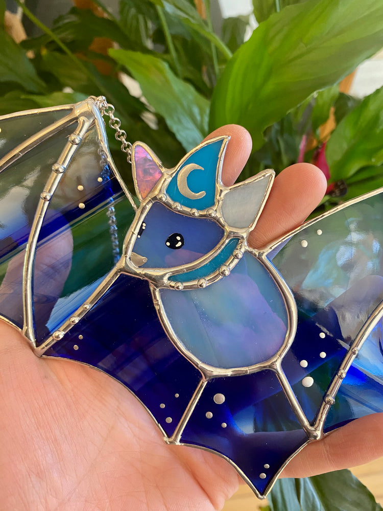 Blue Swirl Wizard Bat Stained Glass Suncatcher