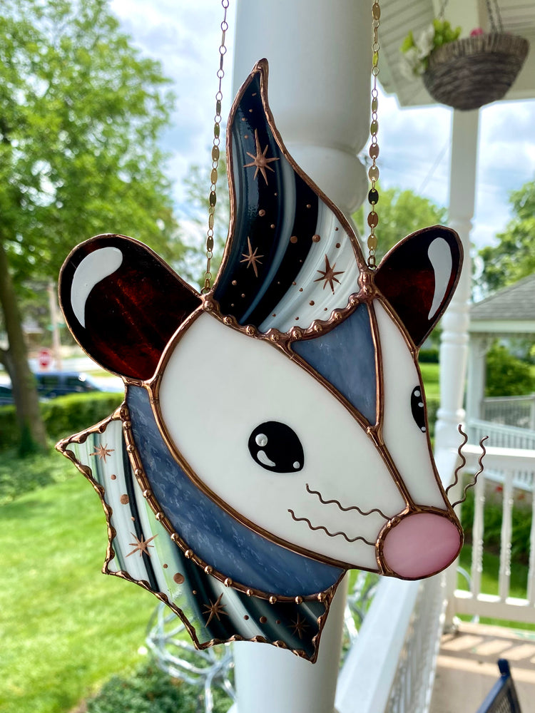 Black and White Wizard Opossum Stained Glass Suncatcher