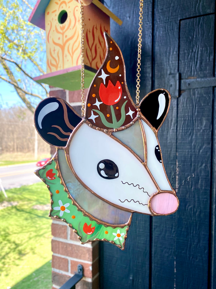 Tulip Wizard Opossum Stained Glass Suncatcher